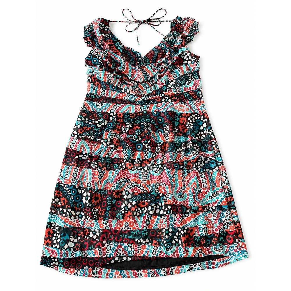 Nine West Dress Womens 6 Multicolor Floral Mosaic Print Ruffle V-Neck Sleeveless